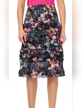 Womens Floral Nicole Miller Mew York Ruffled Midi Skirt Size 8